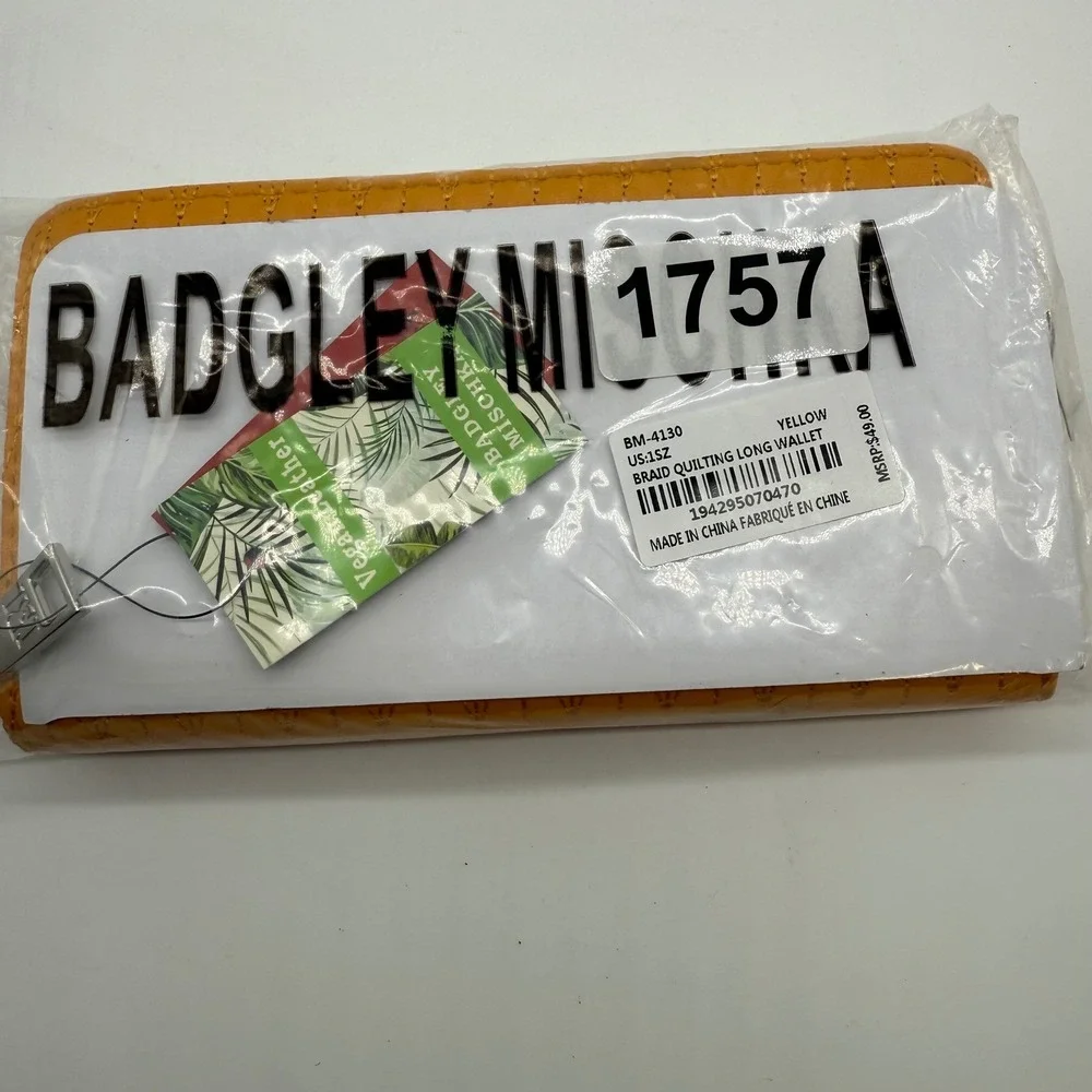 Badgley Mischka Yellow Quilted Vegan Leather Long Wallet Zip‎ Around Clutch